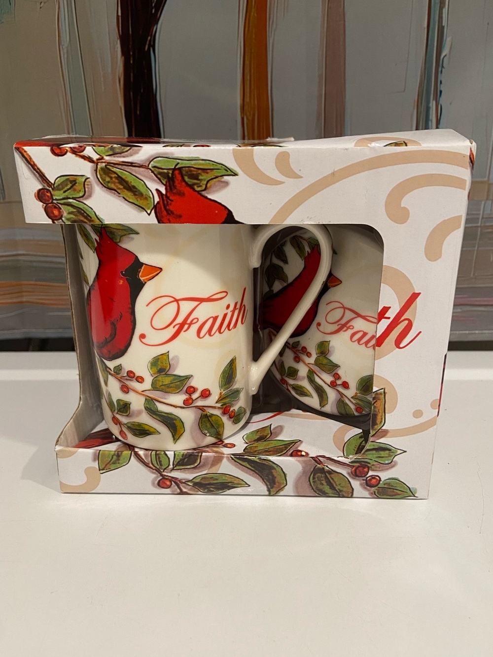 Faith Cardinal Ceramic Mug Set - Cream and Red